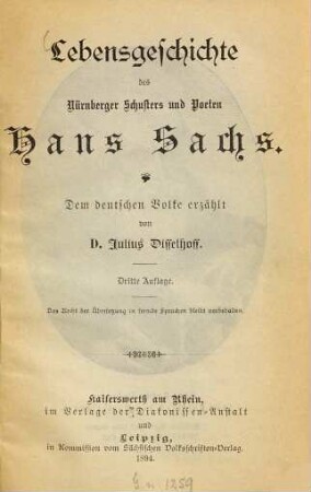 Lebensgeschichte des Nürnberger Schusters und Poeten Hans Sachs