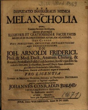 Disputatio Inauguralis Medica De Melancholia