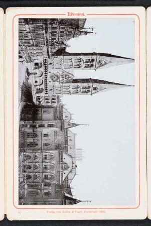 Albumseite mit Dom St. Petri und Börse : Bremen. Souvenir-Leporello mit Aufnahmen aus der Altstadt. Leineneinband, beschichtet und bedruckt; 7,3 x 11,6 x 1,5 cm (1898; Verlag von Zedler und Vogel). Dresden: SLUB/DF 2005.A.600