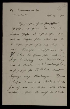 Nr. 5: Brief von Emanuel Lasker an Adolf Hurwitz, Manchester, 19.9.1901