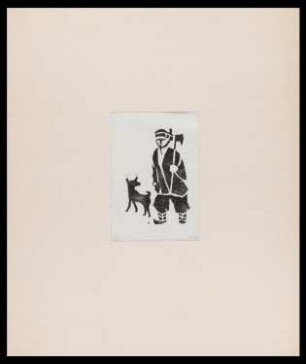 Holzschnitt des Künstlers Uwe Topper, Titel: Mann mit Beil und Hund, 1969