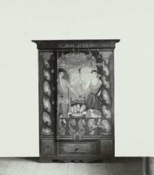 Eintüriger Kleiderschrank mit Darstellung von Jakob und Rahel. Wohl aus dem Egerland