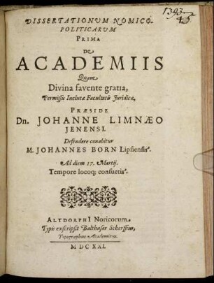 1: Dissertationum Nomico-Politicarum ... De Academiis. 1