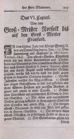 Das VI. Capitel. Von dem Groß-Meister Norfolk bis auf den Groß-Meister Craufurd.