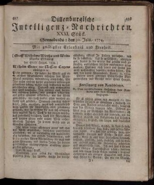 Sonnabends: den 30. Julii 1774.