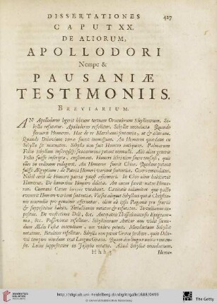 Caput XX.: de Aliorum, Apollodori Nempe & Pausaniae Testimoniis