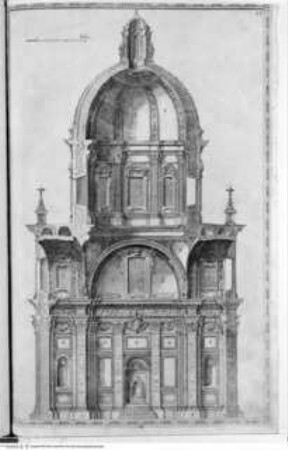 Della trasportatione dell'obelisco Vaticano et delle fabriche di Nostro Signore Papa Sisto V. / fatte dal Cavallier Domenico Fontana. Libro Primo, Folio 44: Cappella Sistina in Santa Maria Maggiore, Längsschnitt, Nordwand
