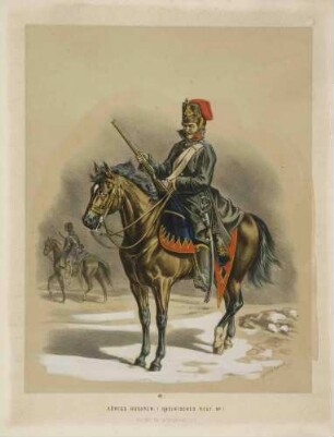 Husar des Husaren-Regiment (König Wilhelm I.) Nr. 7, 1. Rheinisches im Winteranzug (dklgrüner Wintermantel) zu Pferd (mit Schabracke geschmückt)