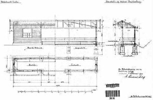 Reichenberg: Empfangsgebäude Schirmhalle Grundriß,Längs- Querschnitt,Teilansicht