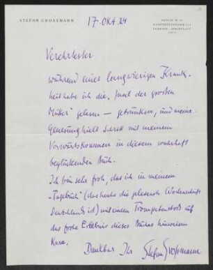 Brief von Stefan Großmann an Gerhart Hauptmann