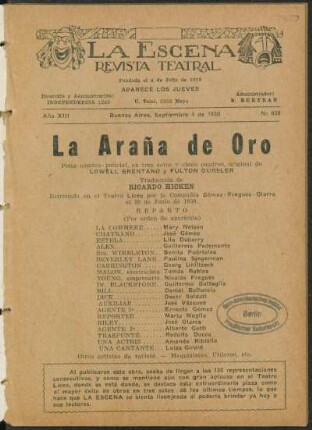 La araña de oro : pieza cómico-policial, en tres actos y cinco cuadros