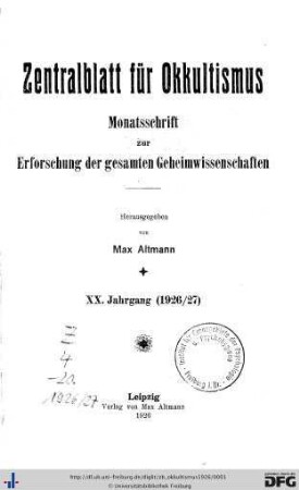 20: Zentralblatt für Okkultismus: Monatsschrift zur Erforschung der gesamten Geheimwissenschaften