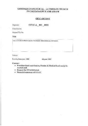 GEL CHURCH PROVIDENT/ PENSION/ PRACHARAK PENSION