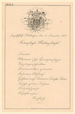 Menükarte : Königliche Mittagstafel, Jagdschloss Letzlingen