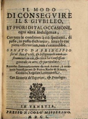 Il modo di consequire il S. Giubileo