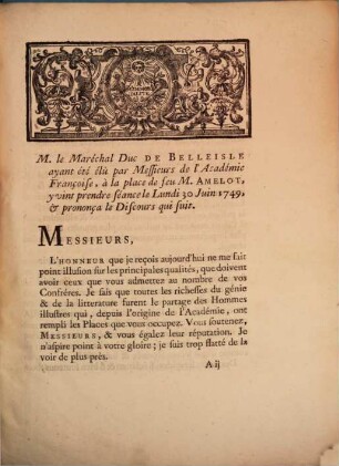 Discours prononcés dans l'academie Francoise a la reception de M. le Marechal Duc de Belleisle