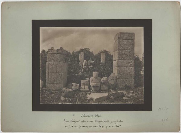 "Individual parts: Pillars, large sculptures of the 'Temple of the Two Rattlesnake Pillars'. (With expedition member)."