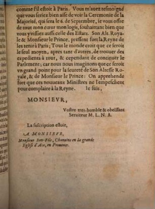 Lettre d'un gentil-homme, escrite de Paris à un Provençal, sur les affaires du temps