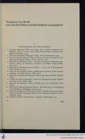 Verzeichnis der Werke von und über Villon aus dem Besitz des Herausgebers.