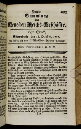 65tes Stuck. Schwabach, den 18. October, 1757.