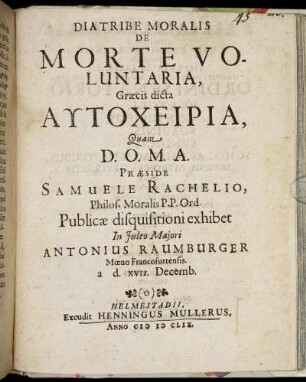 Diatribe Moralis De Morte Voluntaria, Graecis dicta Autocheiria
