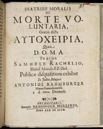 Diatribe Moralis De Morte Voluntaria, Graecis dicta Autocheiria
