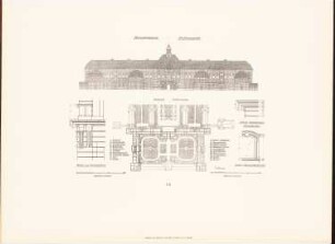 Rudolf Virchow-Krankenhaus, Berlin: Grundriss 2.OG, Rückansicht, Details Hauptgebäude (aus: Neubauten der Stadt Berlin, Bd. VI, 1907)