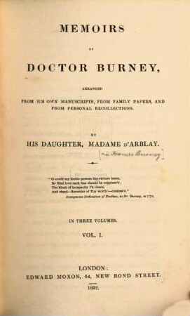 Memoirs of Doctor Burney : arranged from his own manuscripts, from family papers, and from personal recollections. 1