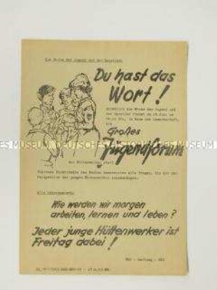 Hektografiertes Propagandaflugblatt aus dem Eisenhüttenkombinat Ost mit dem Aufruf der FDJ-GO zu einem Jugendforum