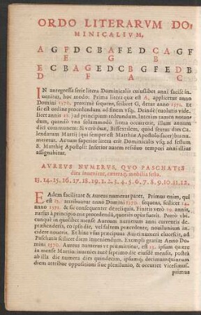 Ordo Literarum Dominicalium ... Aureus Numerus ...