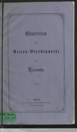 Statuten der Actien-Bierbrauerei zu Reisewitz