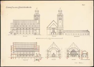 Gedächtniskirche mit Gedenkhalle Schinkelwettbewerb 1920: Nord- und Westansicht, Schnitte 1:200