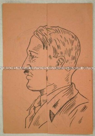 Flugblatt mit Karikatur-Porträts von Soldaten der Kriegsparteien im 2. Weltkrieg, die gefaltet ein Porträt Adolf Hitlers ergeben