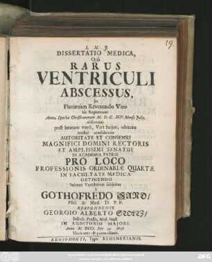 Dissertatio Medica, Quâ Rarus Ventriculi Abscessus