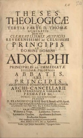 Theses theologicae ex tertia parte D. Thomae Aquinatis