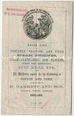 Katalog über Straßenlokomobilen und landwirtschaftliche Maschinen von der Firma R. Garrett und Sons in England