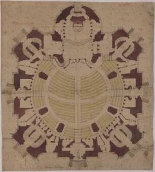 Grundriss der Frauenkirche, 1:150, Handzeichnung, um 1730 : Die Frauen Kirche / [Entwurf: G. Bähr]. - [1:150]. - [S.l.] , [ca. 1730]. - 1 Grundriss : kolor. Handzeichng. ; Blattgr. 34 x 38 cm