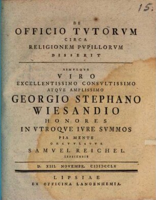 De Officio Tvtorvm Circa Religionem Pvpillorum