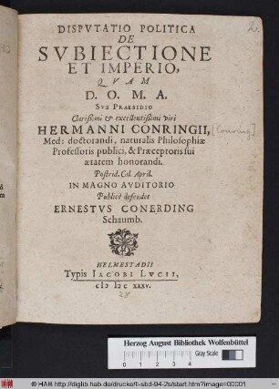 Dispvtatio Politica De Svbiectione Et Imperio
