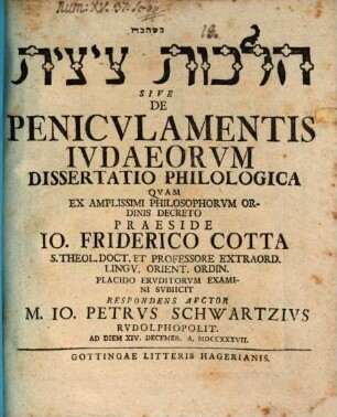 Hilḵôt ṣîṣît Sive De Penicvlamentis Ivdaeorum Dissertatio Philologica