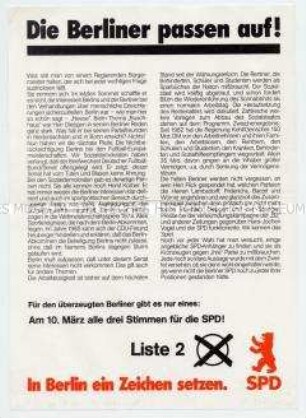 Wahlflugblatt der Berliner SPD zur Wahl des Abgeordnetenhauses 1985