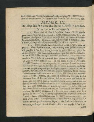 Membr. III. De obiecto & Subiecto status Christi in genere, & in specie Exinanitionis.