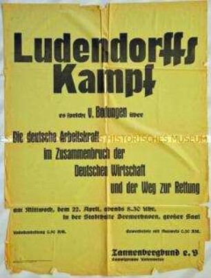 Veranstaltungsplakat des Tannenbergbundes e. V., Kampfgruppe Unterweser, zu einem Vortrag des völkischen Wanderredners Fritz von Bodungen über Erich Ludendorff