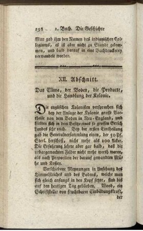 XII. Abschnitt. Das Clima, der Boden, die Producte, und die Handlung der Kolonie.