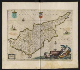 Karte von Zypern, ca. 1:590 000 kolorierter Kupferstich, 1645 : Cyprus Insula. - [Ca. 1:590.000]. - [Amsterdam] : [Ioannes Ianssonius], [1645]. - 1 Kt : Kupferst ; 37 x 49 cm. - Maßstab in graph. Form (Milliaria Italica, Milliaria Germanica)