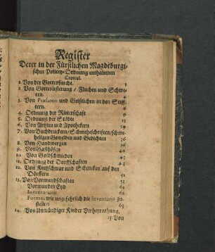 Register Derer in der Fürstlichen Magdeburgischen Policey-Ordnung enthaltenen Capitul.
