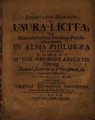Disputatio Moralis De Usura Licita