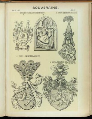 Taf. 89. 1. u. 2. Badische Grafschaft Eberstein. 3. Grafen v. Eberstein in Niedersachs. - 4. Grafen v. Eberstein zu Neugarten. - 5. Grafen zu Eberstein, Herr zu Neugarten. n.d. Schles. W.-B. 1578.