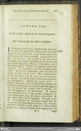 Lettre LXII. A Cara Hali , Médecin du Grand Seigneur