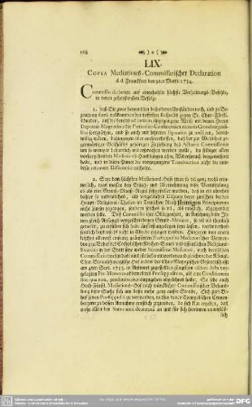 LIX. Copia Mediations-Comnissarischer Declaration d.d. Franckfurt den 9ten Martii 1754
